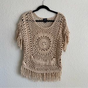 Vintage Y2K Boho Crochet Tassel Fringe Poncho Pull Over Sweater Top 2000s